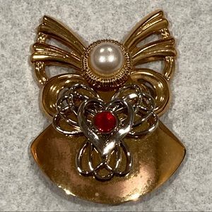 Angel Pin Brooch Gold Tone Red Rhinestone Faux Pearl Heart Jill Jane 1997 AOL